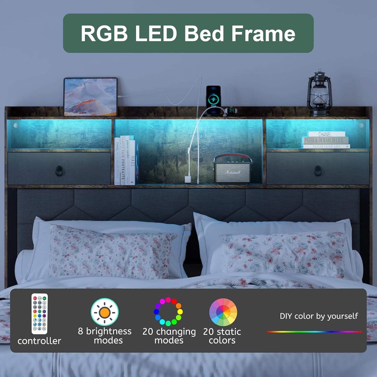 Queen Size Bed Frame with 6 Drawers, Upholstered Headboard Platform Bed with LED Lights & Charging Station, Stable & Solid, No Box Spring Needed, Dark Brown