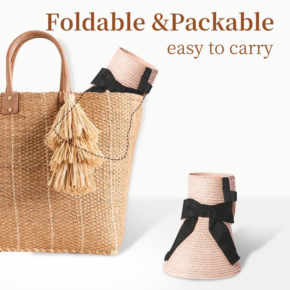 ProtectX Straw Sun Visor Hat for Women Summer Beach Sun Hats Packable Foldable UPF 50+ Handmade Straw Hats for Women Ponytail
