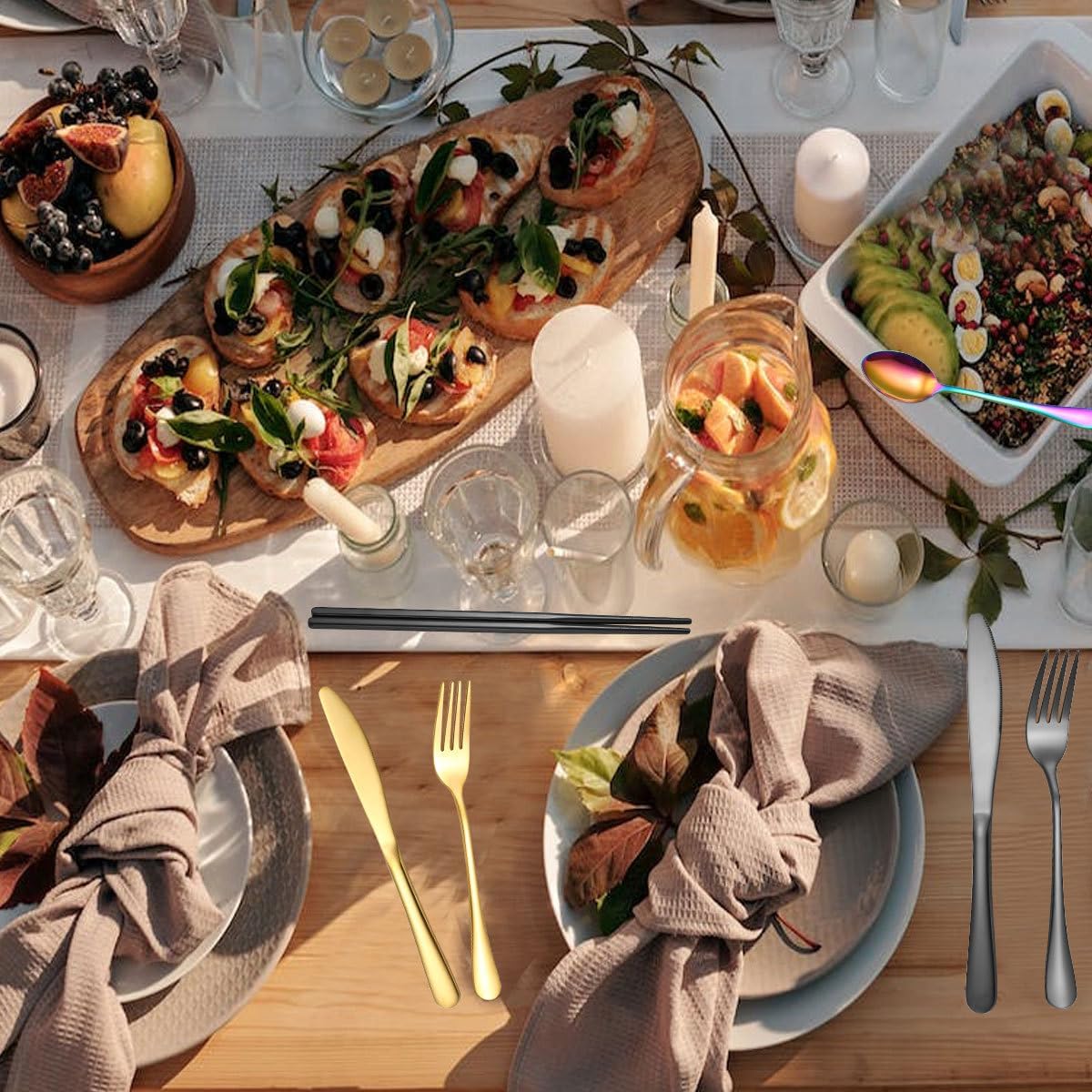 Silverware Flatware Set, 9/36/54/72/90/108 Piece Stainless Steel Portable Tableware Set Outdoor Picnic Knife, Fork, Spoon, Chopsticks, Straw, Family Dinner Storage Bag(Silver,36 Piece set for 4)