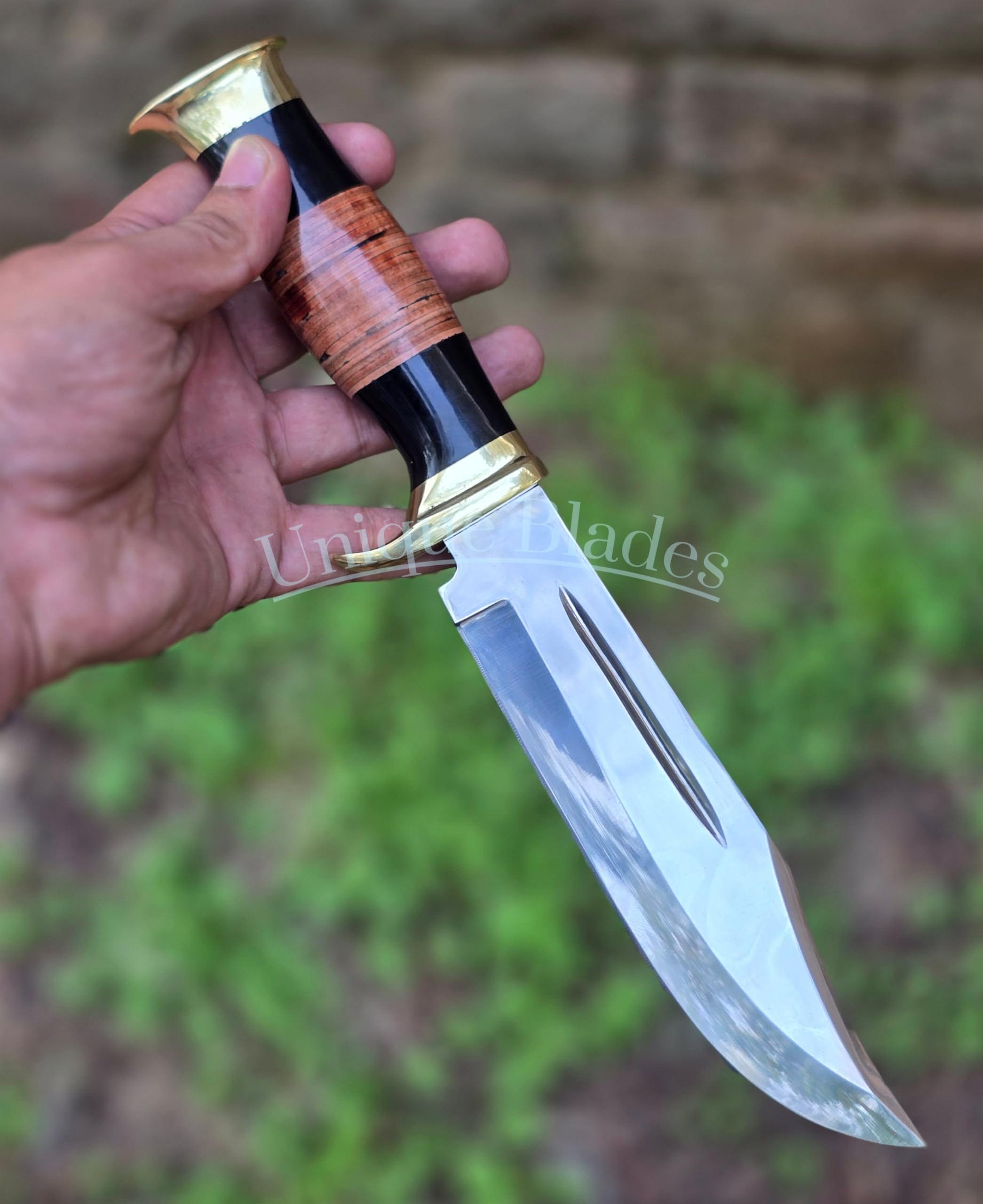 Messer 12 Zoll, 1095 Kohlenstoffstahl, hochpolierter Stahl, scharfe Klinge, Blood Groove, massiver Micarta-Griff, Lederscheide, Jagd, Camping, Outdoor (ET-Schwarz)