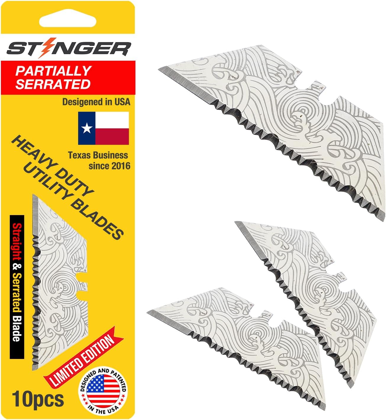 Stinger Special Edition Ocean Waves Pattern Partially Serrated Utility Blades, SK5 Steel Box Cutter Blades, Standard Size Fits Most Utility Knives, 10-Pack with Plastic Case