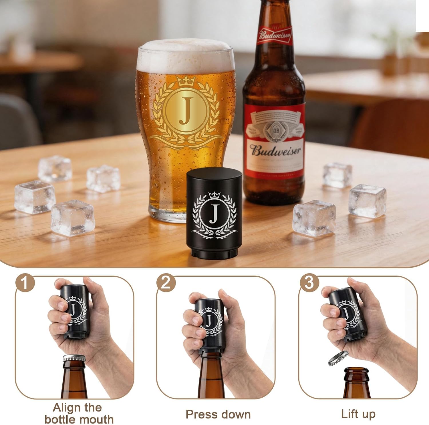 Personalized Beer Glasses Gifts for Men, Monogrammed Engraved A-Z 16 oz Beer Glass Customized Gift, Unique Father's Day Birthday for Men Him Dad Husband Brother Son with Wood Coaster & Bottle Opener