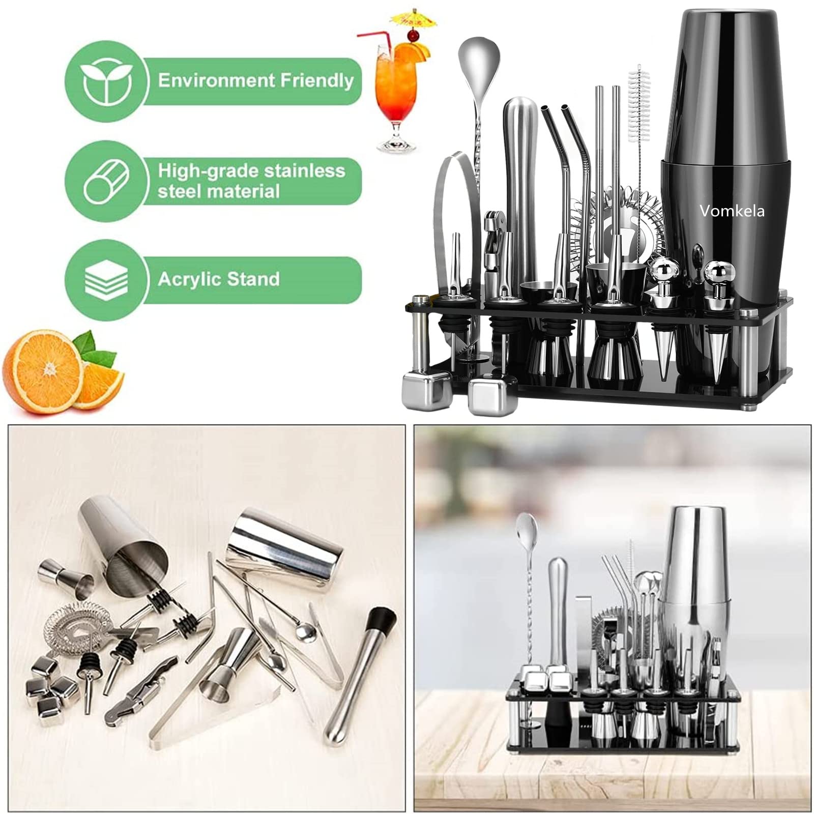 Juego de coctelera Boston, coctelera con soporte, 25 accesorios de bar, accesorios para barman, cócteles, accesorios de 750 ml, acero inoxidable, decoración de bar, vertedor de bebidas alcohólicas