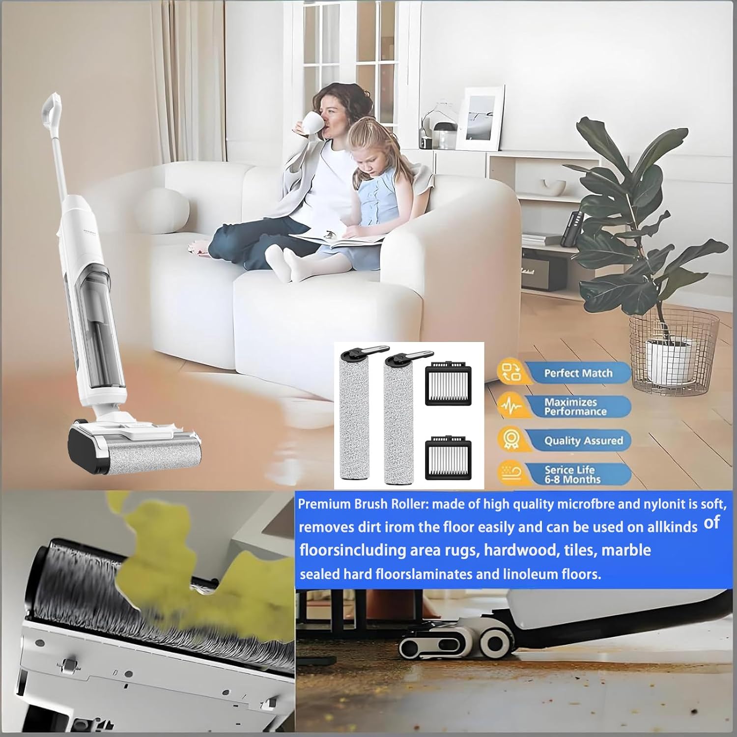 Replacement Accessories kit for Dreame k10 / k10 Pro Wet Dry Vacuum Cleaner, 4 Pack pats: 2 Main Brush, 2 Hepa Filters, Spare Attachments