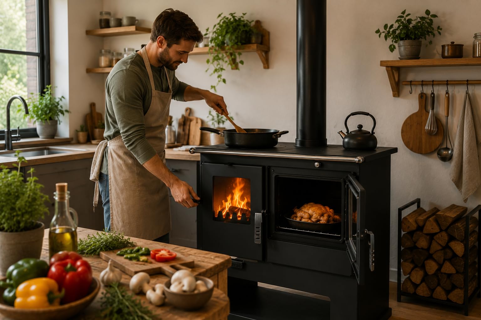 Verso CS Stufa a legna con forno 7,7 kW, 82,2% di alta efficienza, corpo in acciaio robusto, piano cottura in metallo e forno con termometro, riscaldamento per camino per 135-165 m³, scarico fumo da
