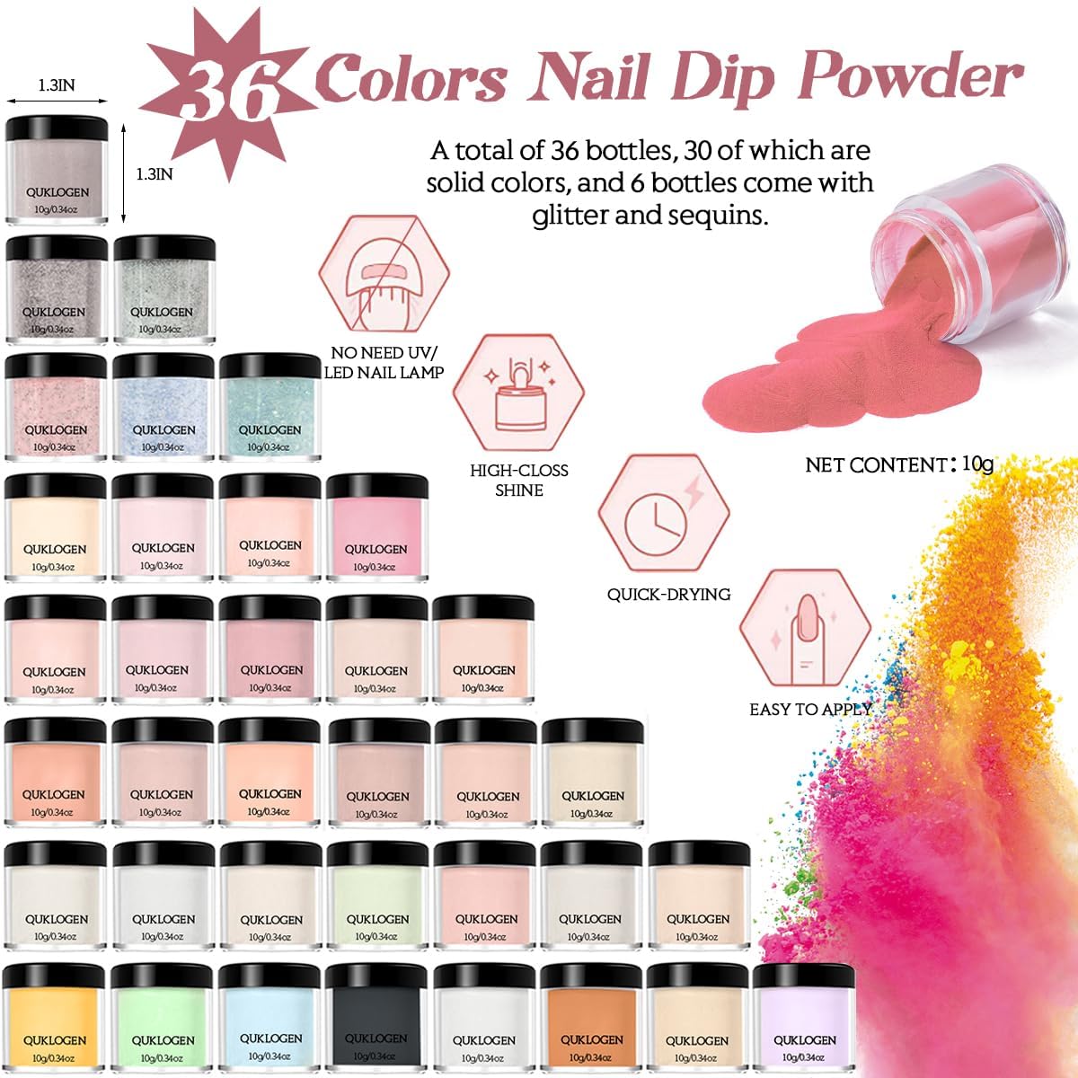 50PCS Kit De Polvo De InmersióN De UñAs 36 Colores kit de Iniciación en Polvo para uñas con Capa Base,Capa Top,Cepillo para Polvo,Lima de uñas,Manicura de Salón de Bricolaje en Casa
