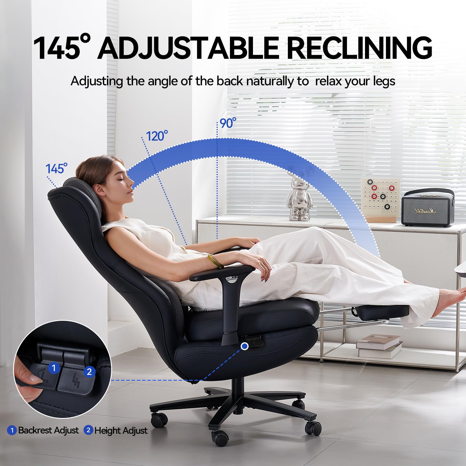 EMIAH Silla Oficina Ergonómica, Silla de Escritorio Reclinable con Reposapiés, Reposabrazos Ajustables, Silla Game de Respaldo Alto, Silla de Ordenador Ejecutiva con Soporte Lumbar, Cuero PU (Negro)