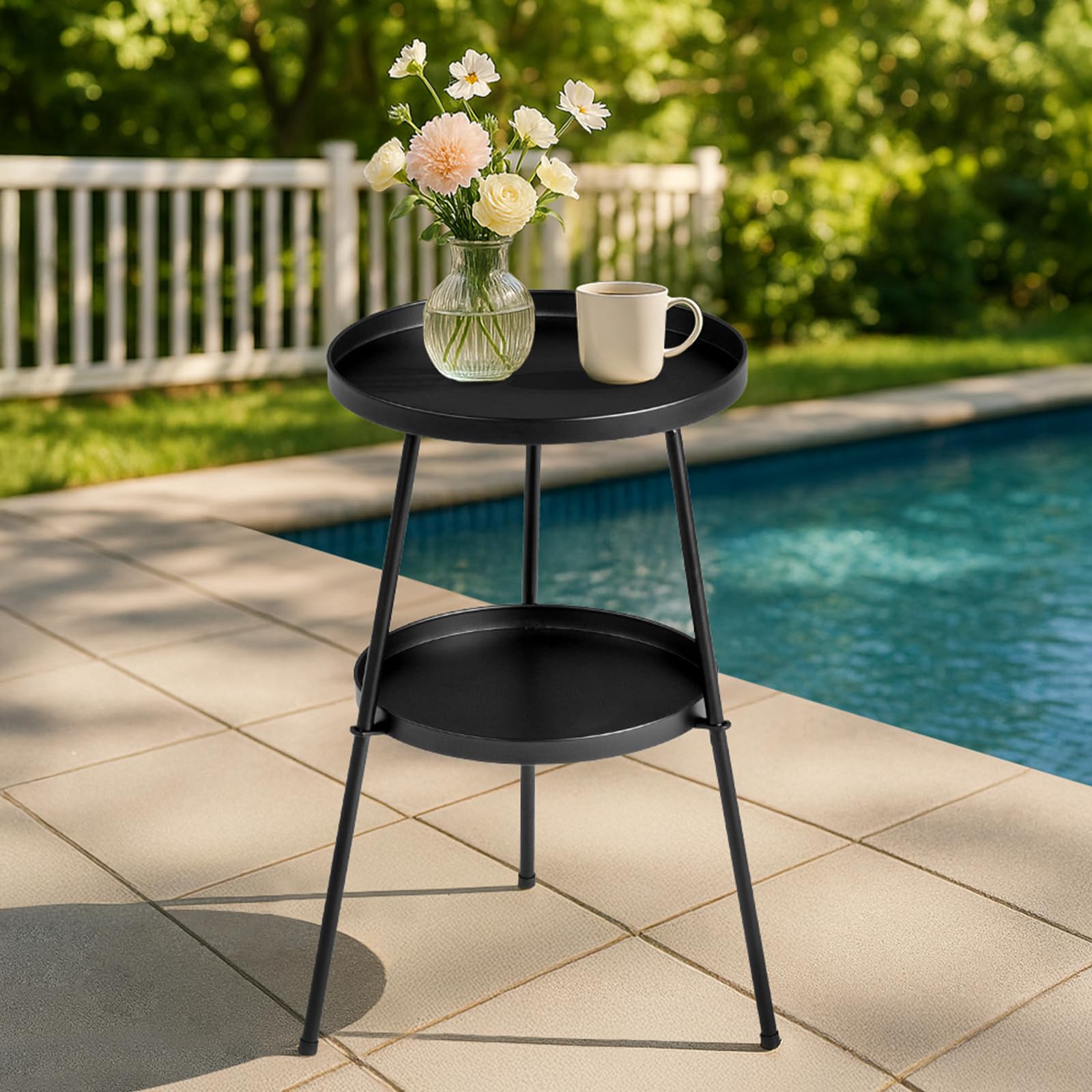 Shyneer 2-Tier Round End Table Small Side Table Round Metal Coffee Tables Nightstand for Small Spaces Indoor Outdoor