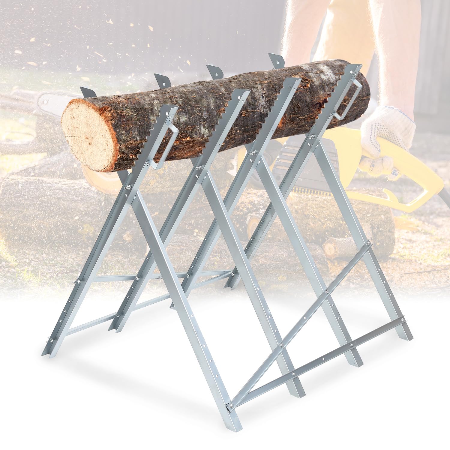 Chevalet de sciage en bois galvanisé - Pliable - Avec support de tronçonneuse - Charge maximale : 150 kg - Convient pour les scieries et ateliers