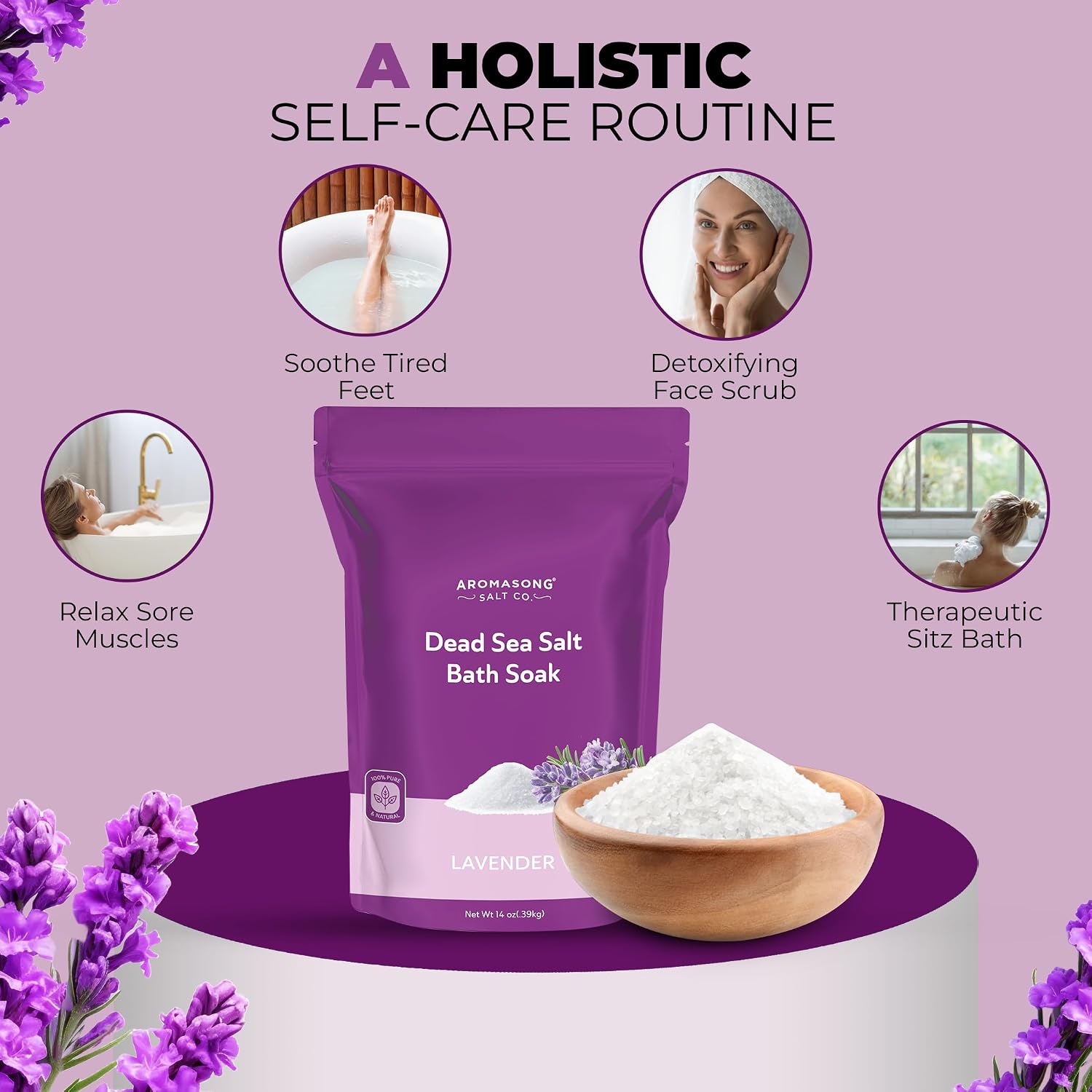 Aromasong Dead Sea Salt for Soaking with Natural Lavender Essential Oil – 14 Oz. Spa Bath Salt Fine Grain 7 Uses Per Pack - for Body Wash Scrub - Soak for Women & Men for Tired Muscles & Skin Issues