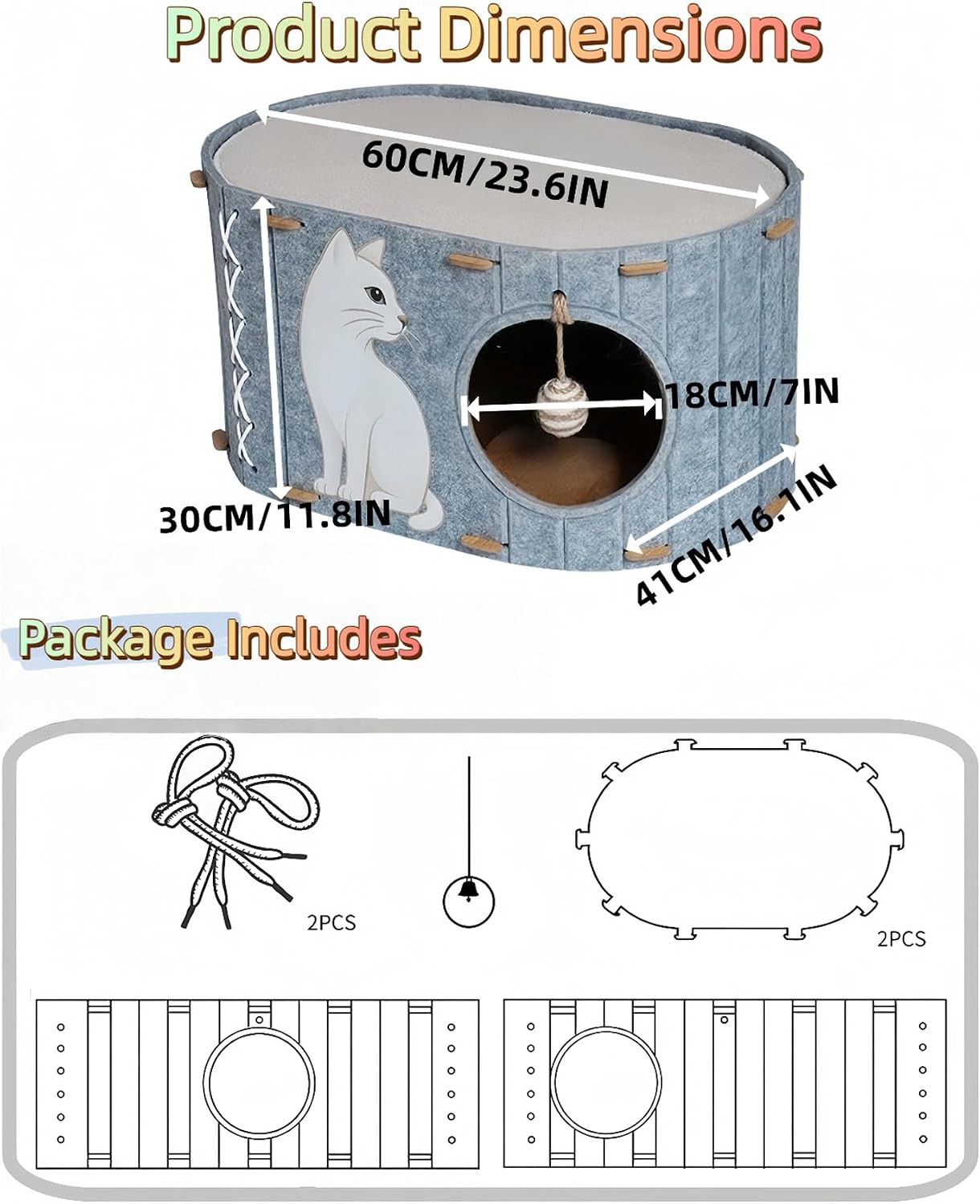 Cat House for Indoor Cats – Felt Covered Cat Bed Cave with Sisal Ball & Reversible Cooling & Warming Pad, Enclosed Hideaway Condo for Large Cats & Kittens, Cozy Multi-Cat Furniture, Gray