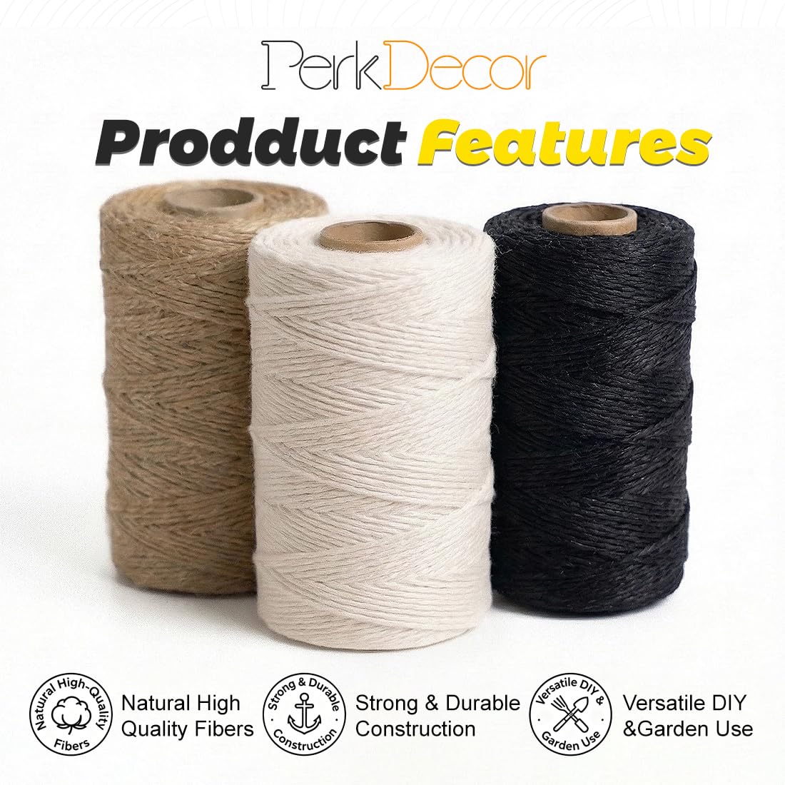 PerkDecor Twine String Natural Jute Twine & Cotton Twine Bundle - Bulk Packing Twine for Crafts, Gift Wrapping String, Gardening Twine, Home Decor (3 Rolls, 984ft, 2mm) - 5