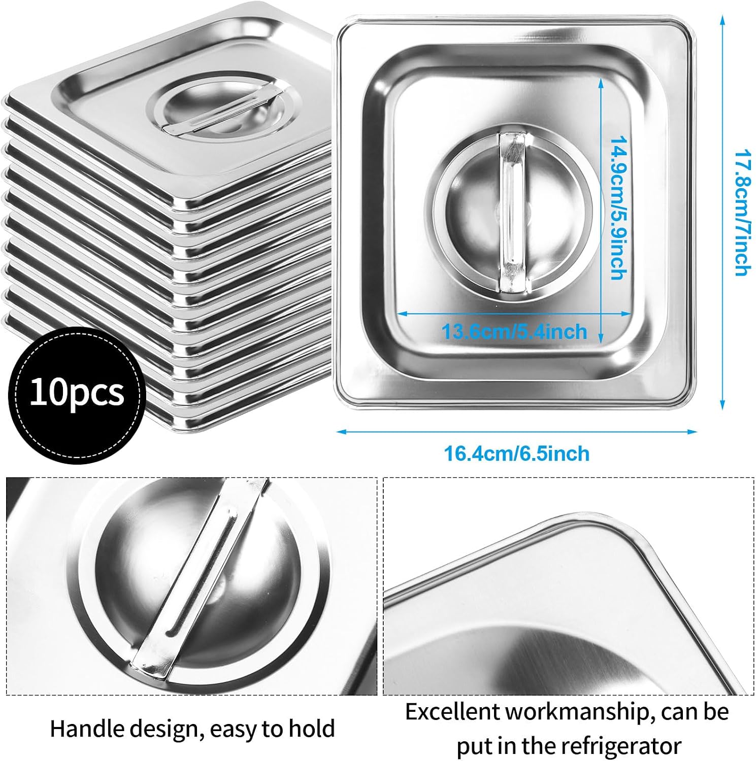 10 Pack 1/6 Size Steam Table Pan Covers Universal Handled Food Pan Lid Stainless Steel Pan Lid with Handle Restaurant Commercial Hotel Food Pan Cover 7 x 6.5 Inch for Fruits Vegetables
