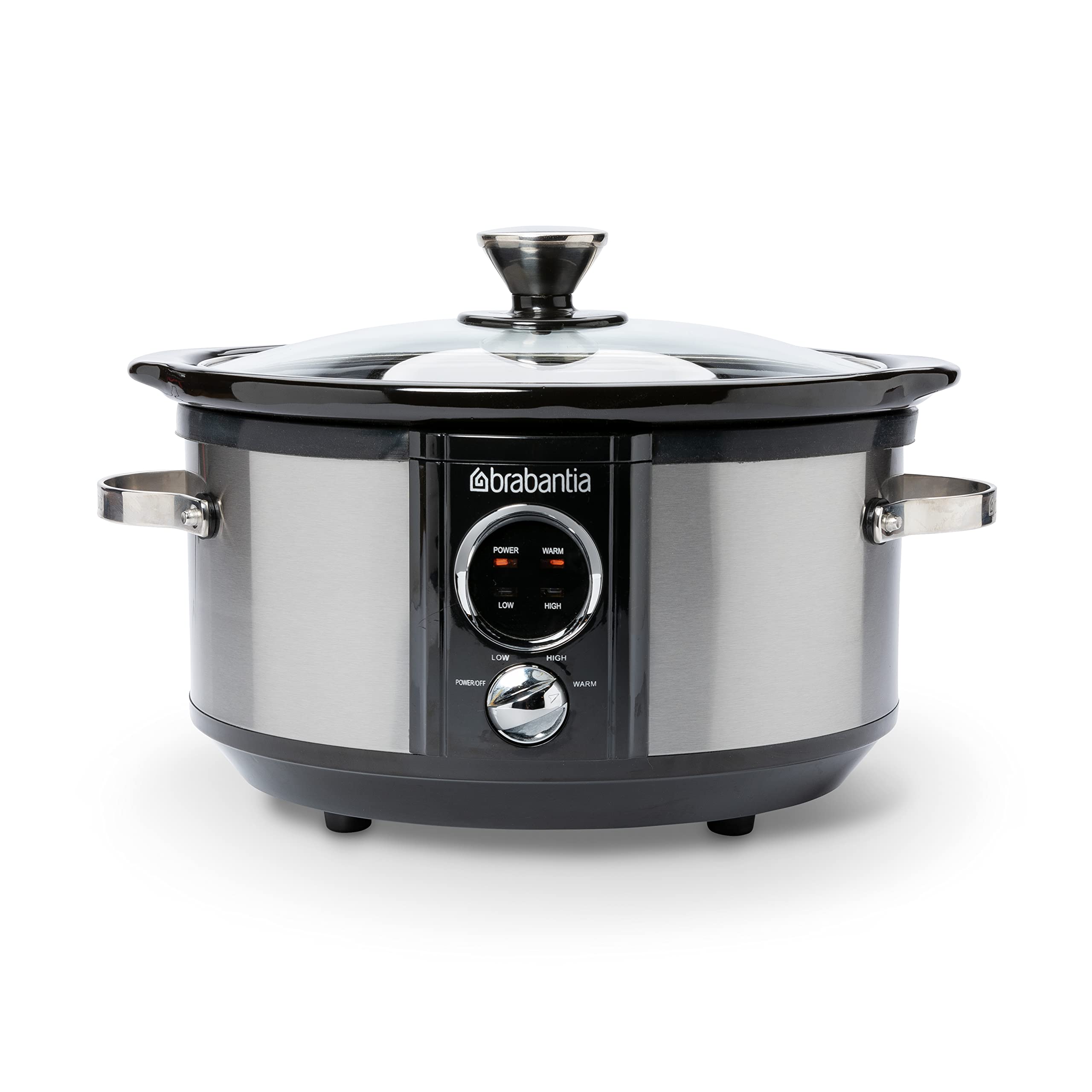 Brabantia Slow Cooker, 3.5 Literm Antihaftbeschichtung, drei verschiedene Heizstufen, Kontrollleuchte, abnehmbarer Topf, geeignet für 4 Personen, 180 Watt, Edelstahl, BBEK1081
