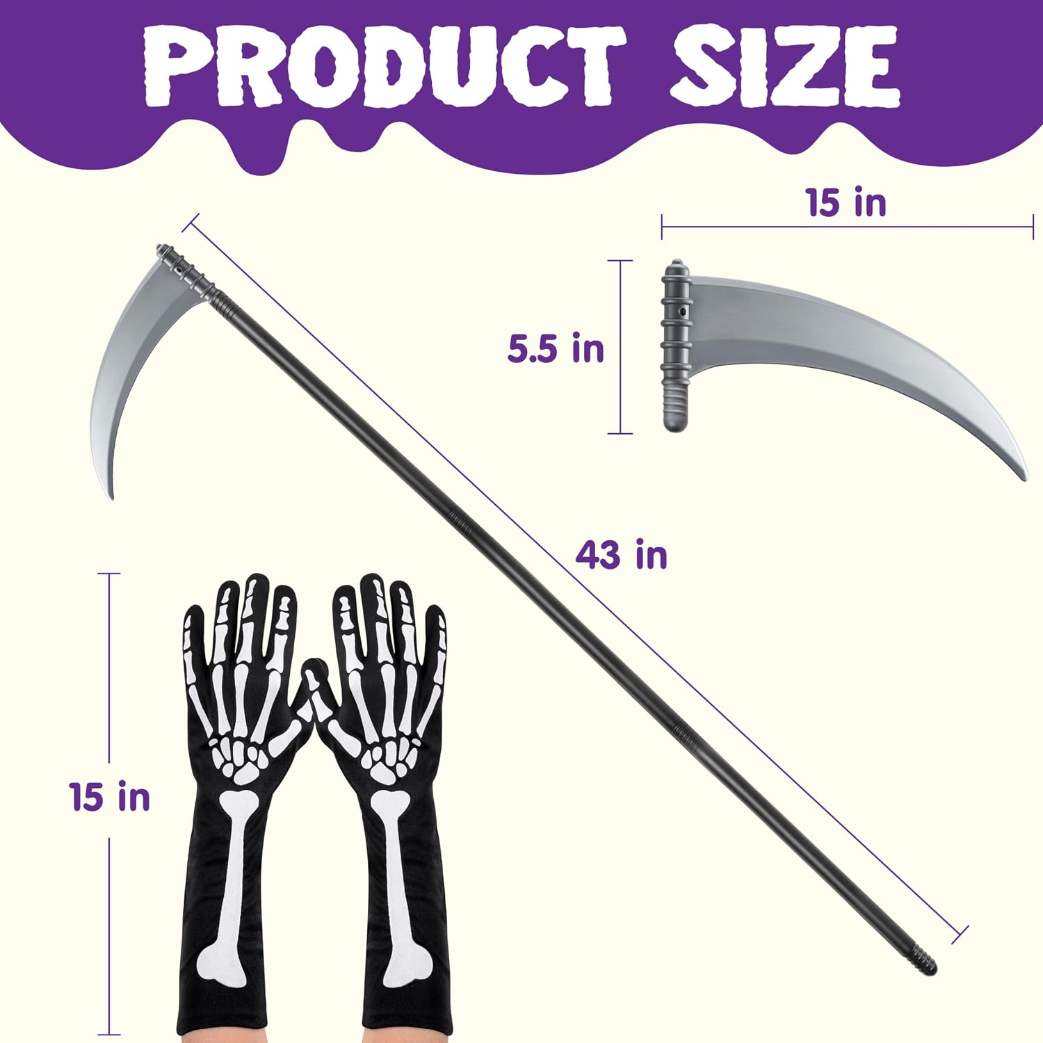 JOYIN Grim Reaper Accessories Set with Grim Reaper's Scythe Prop and Scary Skeleton Gloves for Halloween Sickle Toy Accessories Costume for Adult or Kids Pretend, Dress Up Party