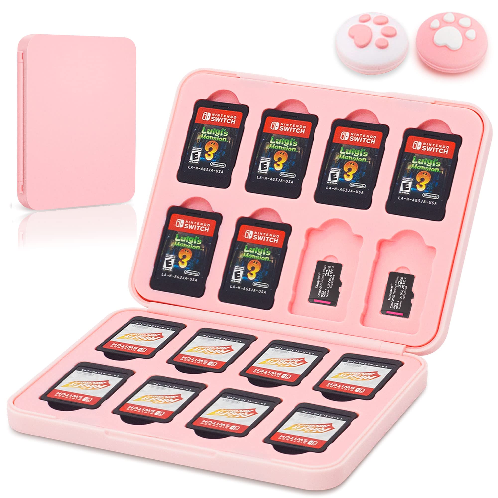 OneCocoa Switch Game Card Case Holder for Nintendo Switch Games Storage Portable Cartridge Hard Protective Shell Cover Soft Lining Rubber with 2 Thumb Grip Caps (Pink 16)