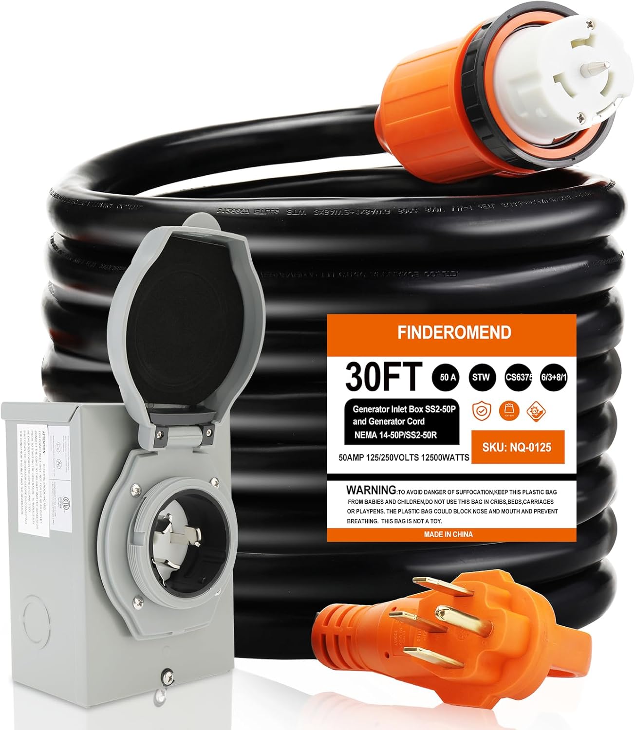 Finderomend 30 ft 50 Amp Generator Cord and Power Inlet Box Combo Kit,125/250 Volts,Generator Power Cord NEMA 14-50P to SS2-50R Extension Cord,for Home RV Backup Power Solution 30ft