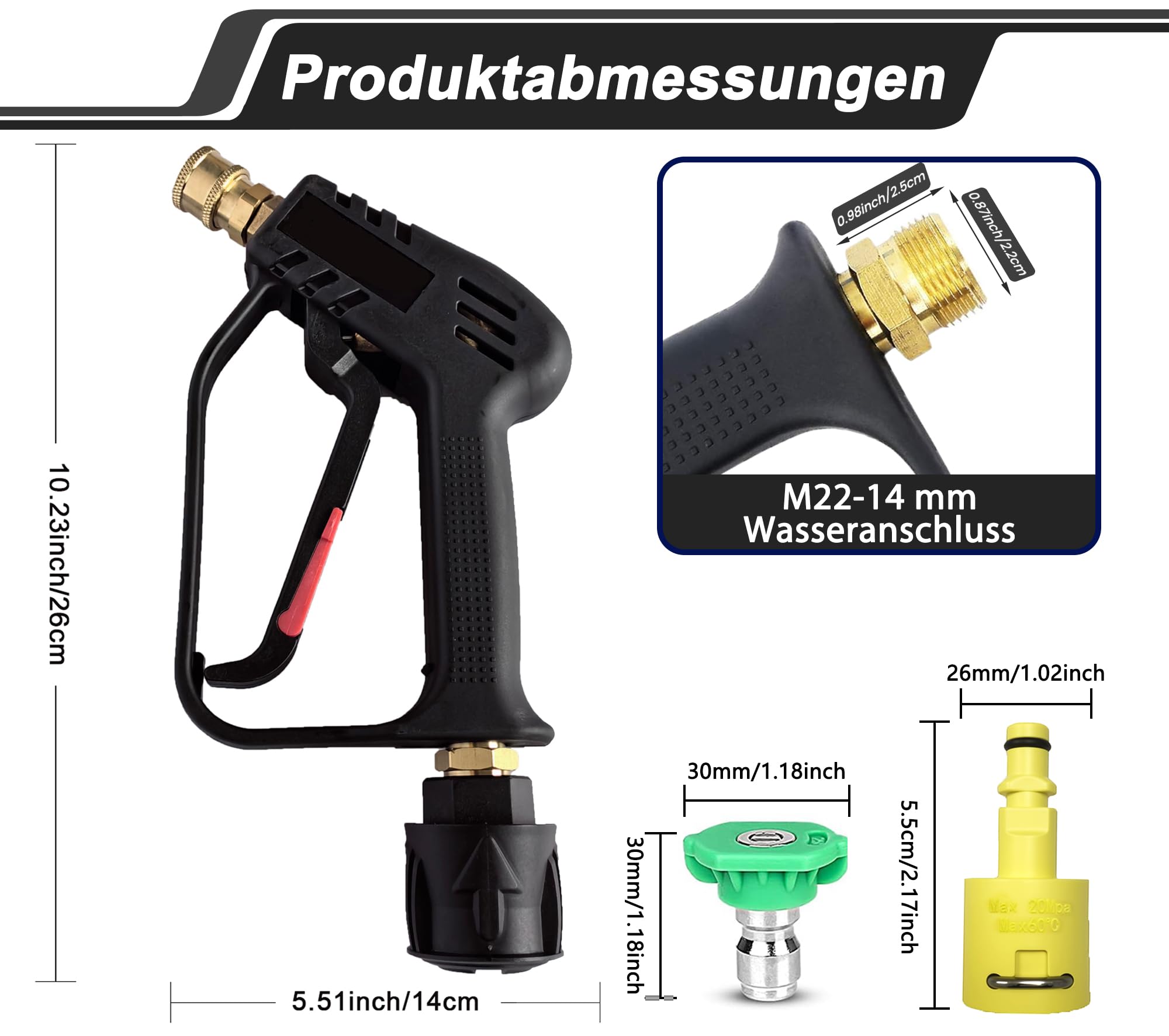 Pistolet haute pression court – Pièce à main de nettoyeur haute pression avec 5 buses ; pistolet compact haute pression compatible avec tous les tuyaux Kärcher série K ainsi que les tuyaux (Noir)