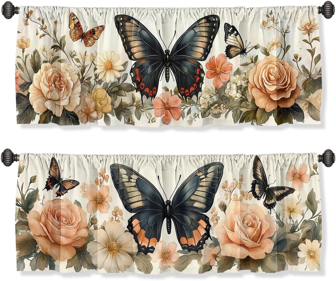 Butterfly Valance Curtain for Windows 2 Pack Flower Daisy Rose Rod Pocket Window Treatments Short Curtains for Kitchen Windows Bathroom Bedroom 54x18 Inch