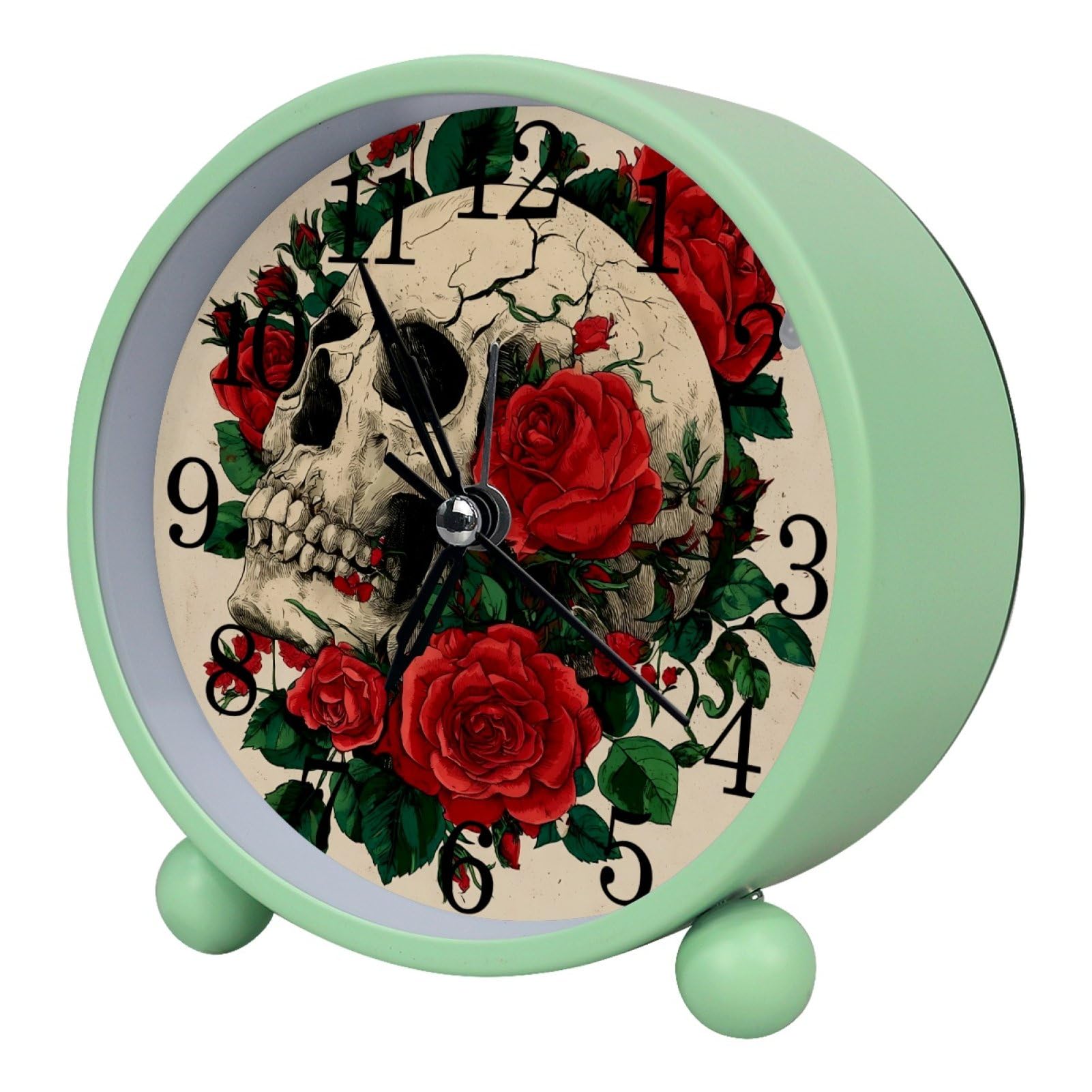 etoenbrc Skull with Red Flowers 10.9" Alarm Clock,Small Battery Operated Clock, Slient Plastic Table Clock for Living Room Decor,Bedroom,Office