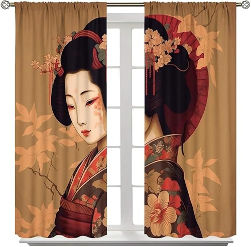Miniatura 8 de Cortina opaca japonesa de Geisha para niña, estilo tradicional con diseño de flor de cerezo, cortinas reductoras de ruido, bolsillo para barra, sala