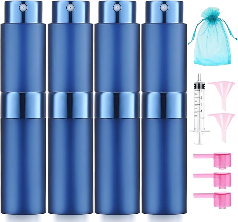 DPLASKA Frascos Atomizadores Recarregáveis para Perfume 8 mL, 4 Unidades Azuis com Bolsa