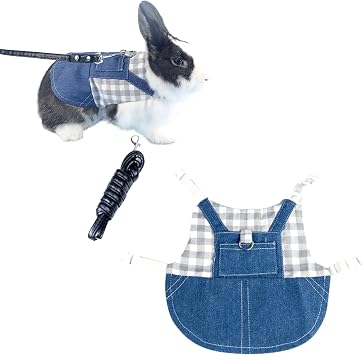 Rabbit Harness and Leash Small Animal Clothes for Rabbit Guinea Pig, Bunny Plaid Harness Leash Guinea Pig Blue Denim Grey and White Plaid Dress for Kitten Chihuahua and Other Small Animals S