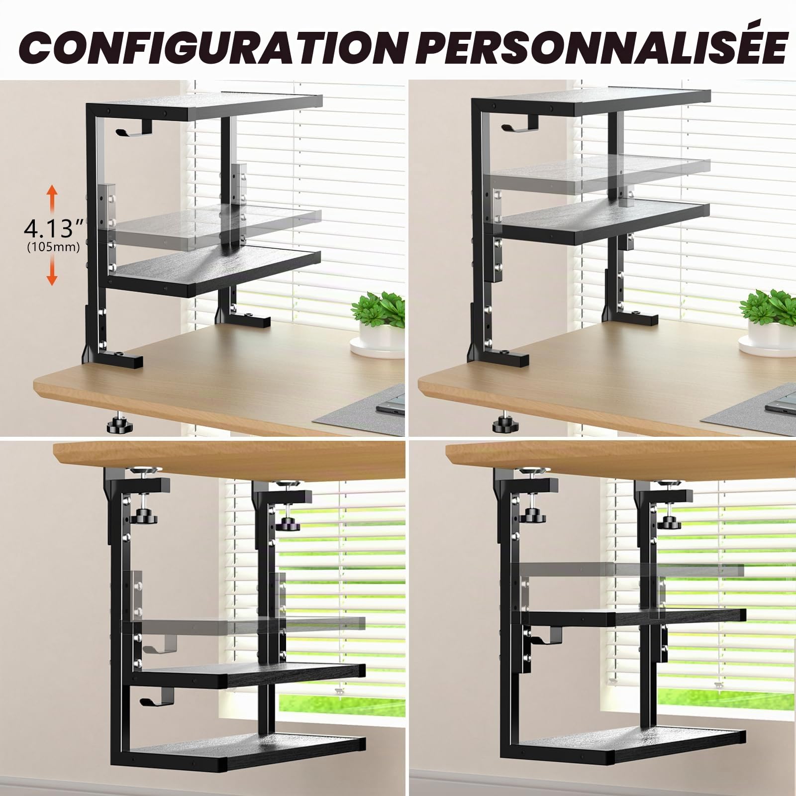 PUTORSEN Organisateur de Bureau à Pince de 15 Pouces, Étagère de Table à 2 Niveaux Au-Dessus ou en Dessous avec Espace Personnalisé pour Les Accessoires de Bureau, etc, Etagere Cuisine, Noir