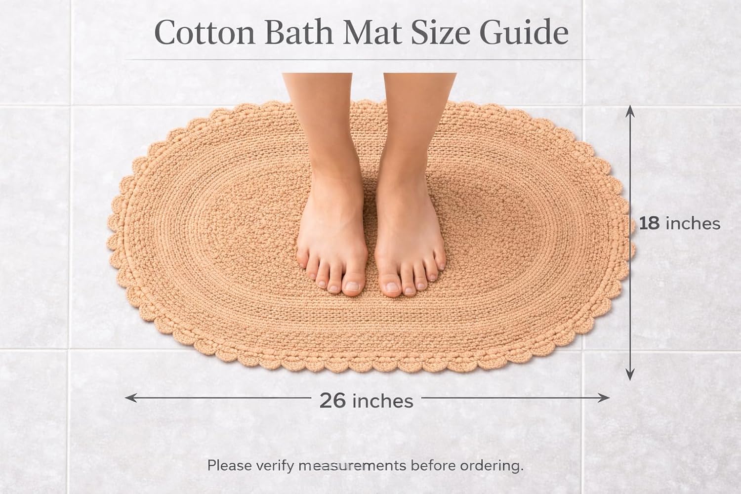 Royal Blaze Crochet Bath Rug 100% Cotton Reversible, 18”x26” Sand Beige Oval Bath Mat, Washable Plush Bathroom Rug, Tufted Loop Design with Quick-Dry Technology, Machine Washable