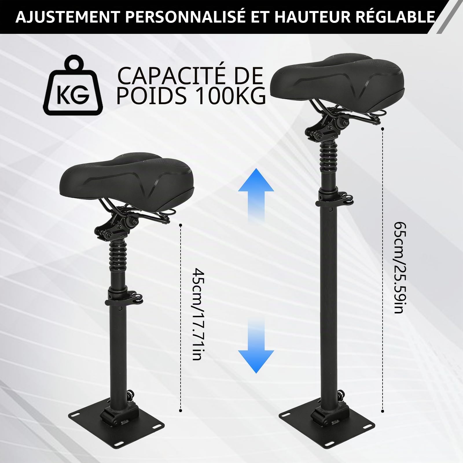 Siège Pliable réglable en Hauteur pour Trottinette électrique, Compatible Segway Ninebot F3 E3 E3Pro, Hauteur d’Assise 45–65 cm, siège amortissant avec Sangle de Transport et Bandes réfléchissantes