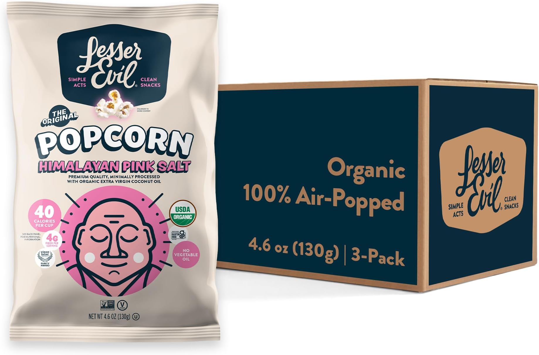 Himalayan Pink Salt Organic Popcorn, No Artificial Ingredients, Coconut Oil, Pack of 3, 5 oz Bags