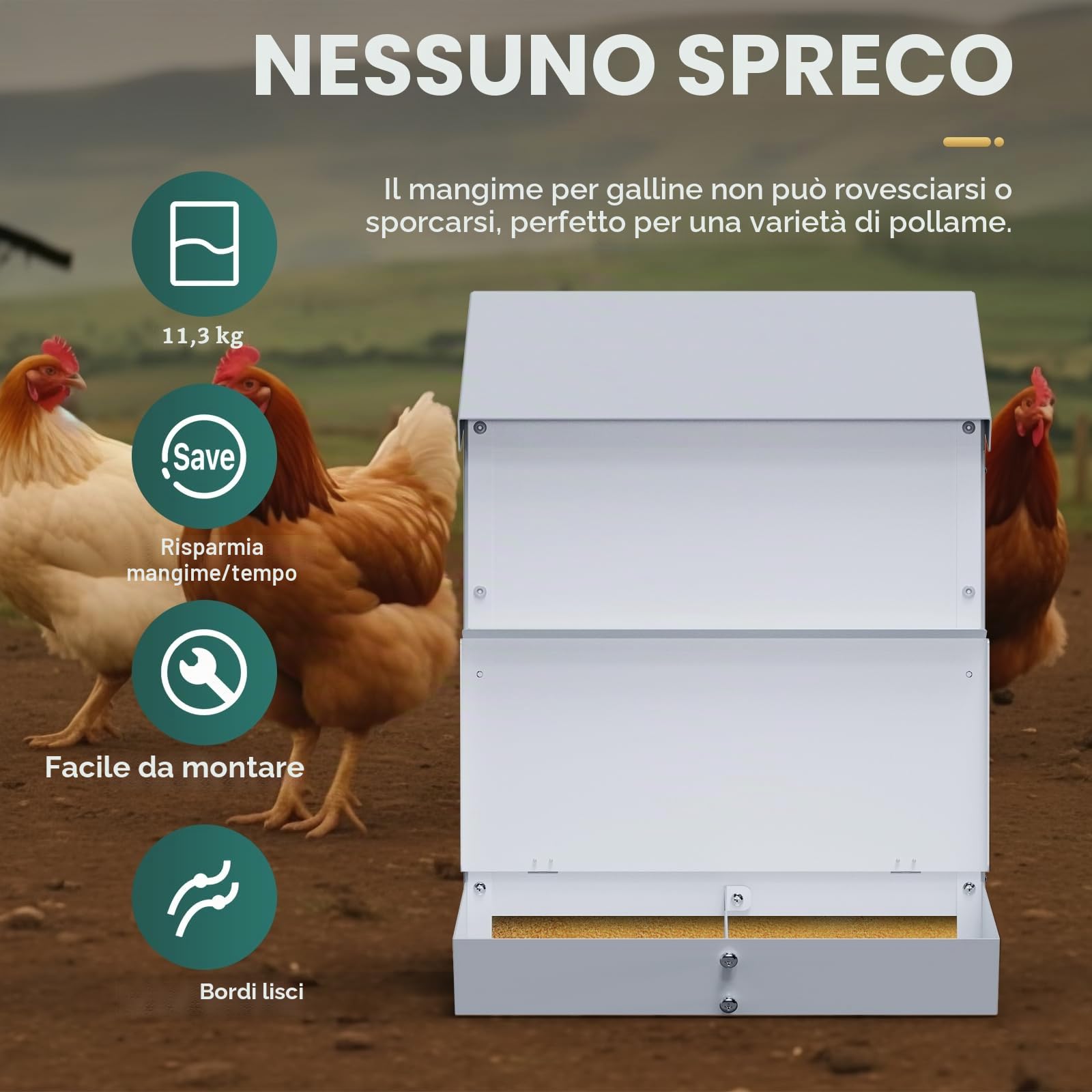 25LB Mangiatoia Automatica per Polli in Acciaio Inox Mangiatoia per Polli da Appendere Appesa con Pala e Coperchio Alimentatore Automatico per Pollame Galline Anatre Tacchini