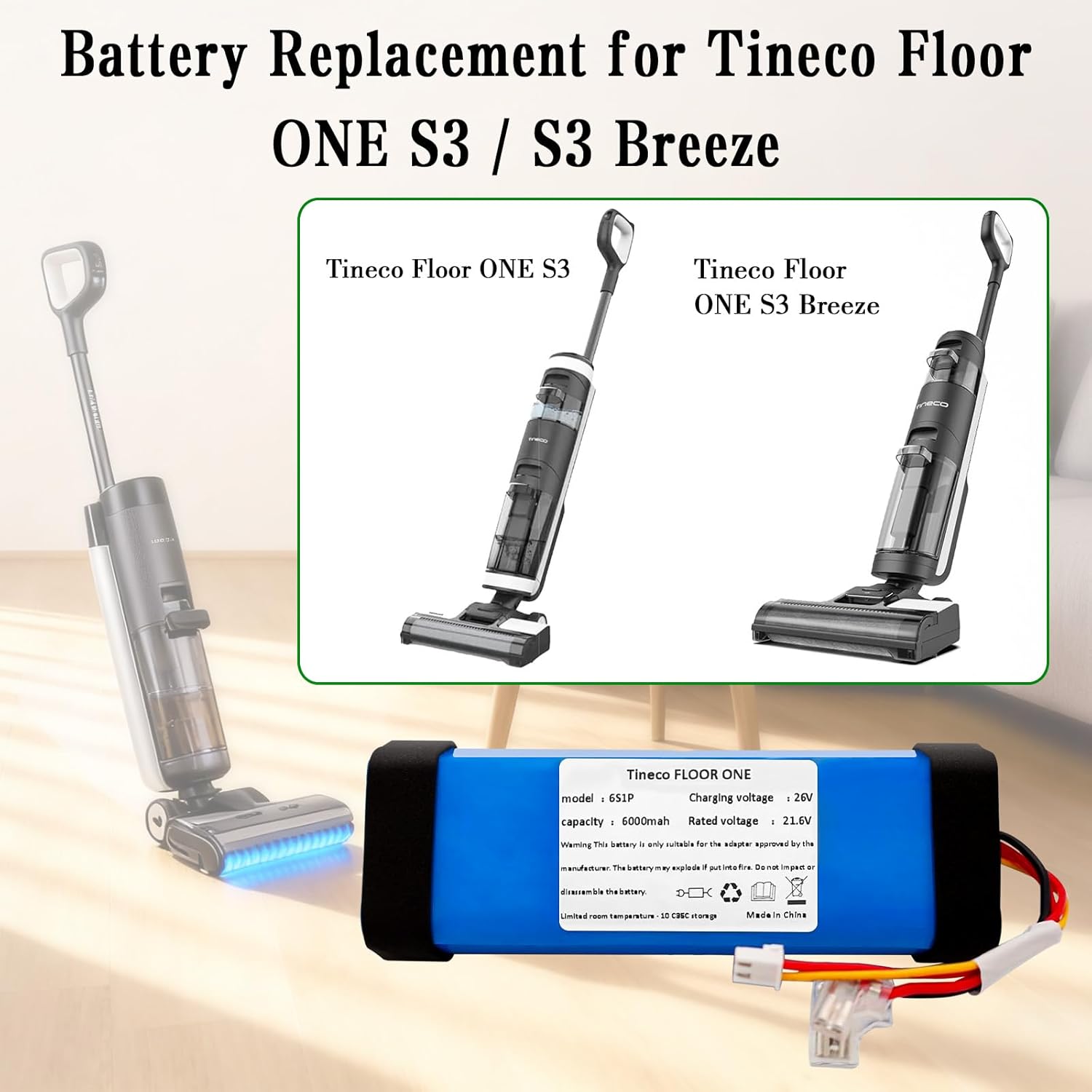 6000mAh Replacement Battery Compatible with Tineco Floor ONE S3, Floor One S3 Breeze Cordless Series r3b1 Wet Dry Vacuum Cleaner