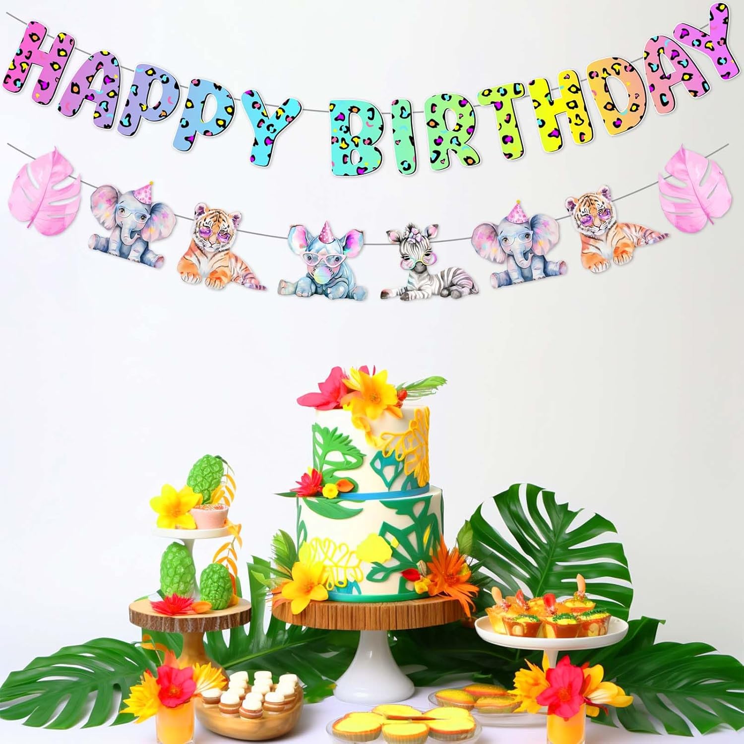 Safari Animal Happy Birthday Banner Rainbow Leopard Print Banner Jungle Leaves Wild Animal Garland for Girls Boys Birthday Party Supplies