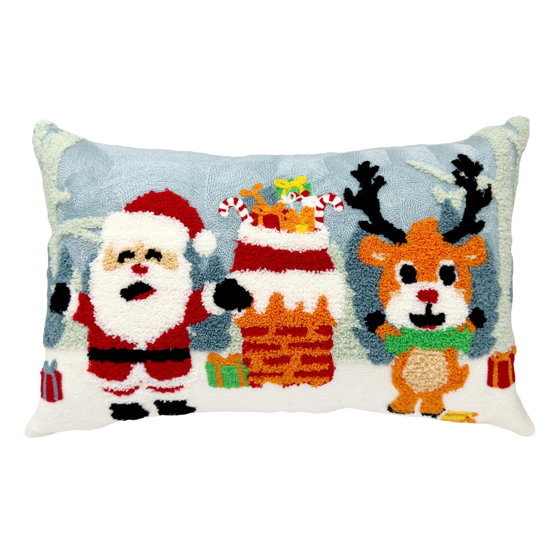 Alysheer Christmas Santa Deer Lumbar Decorative Throw Pillow Cover 12x 20 Tufted Embroidered Pattern Cozy Cotton Cushion Case
