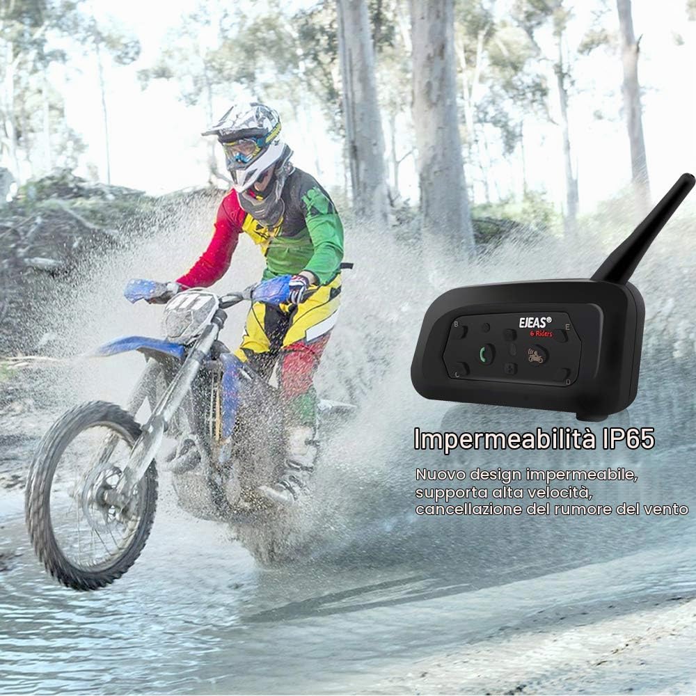 EJEAS V6 Pro 1200M Impermeabile Interfono Moto, Moto Auricolare Bluetooth con Cancellazione del Rumore, Comunicazione Bluetooth per Casco Moto con Fino a 6 Riders (2 Pezzo)