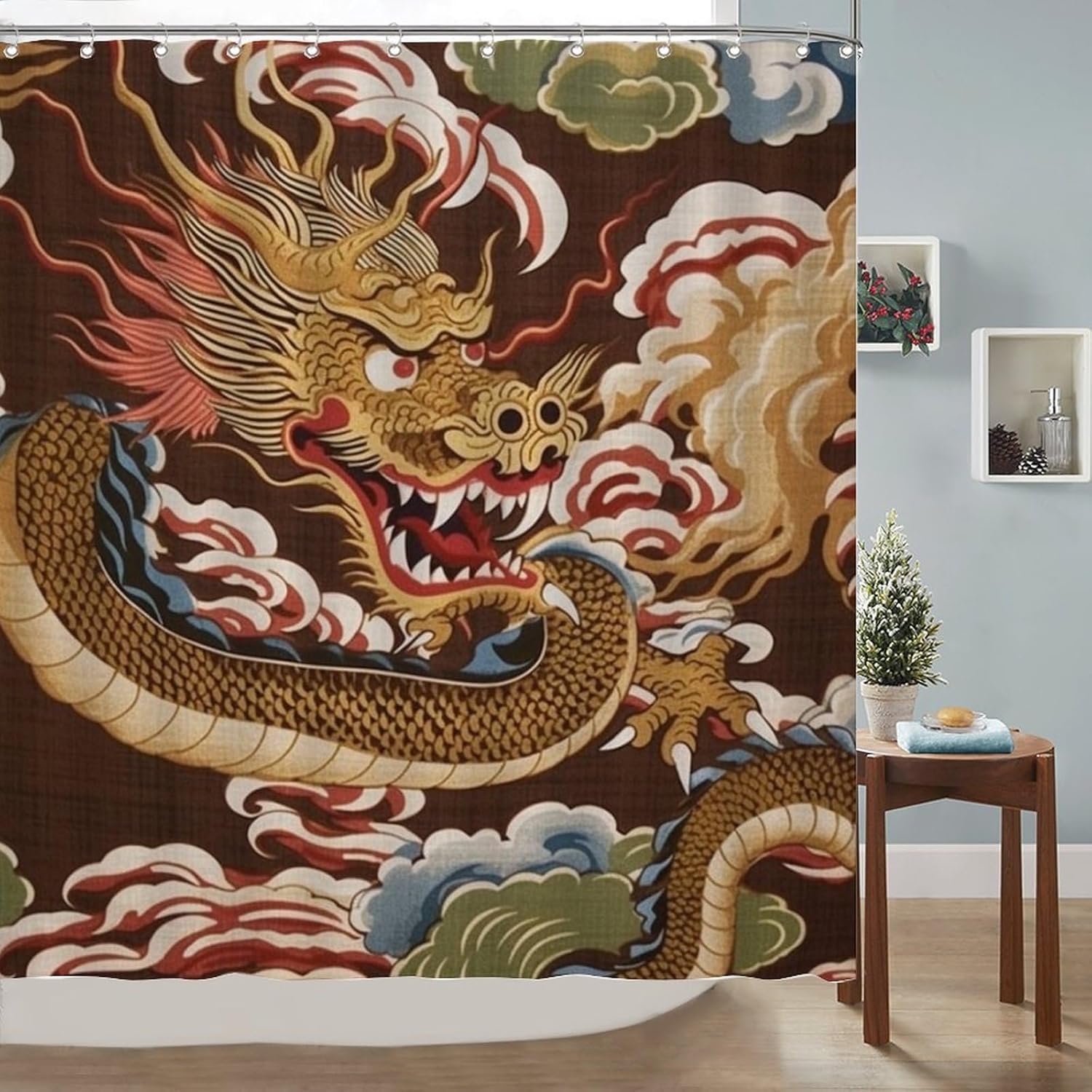 Oriental Chinoiserie Shower Curtain 72x80inch Antique Chinoiserie Gold Dragon Polyester Bath Curtain with Hooks Dragon Gold Oriental Style Asian Waterproof Bathroom Decor Shower Curtain