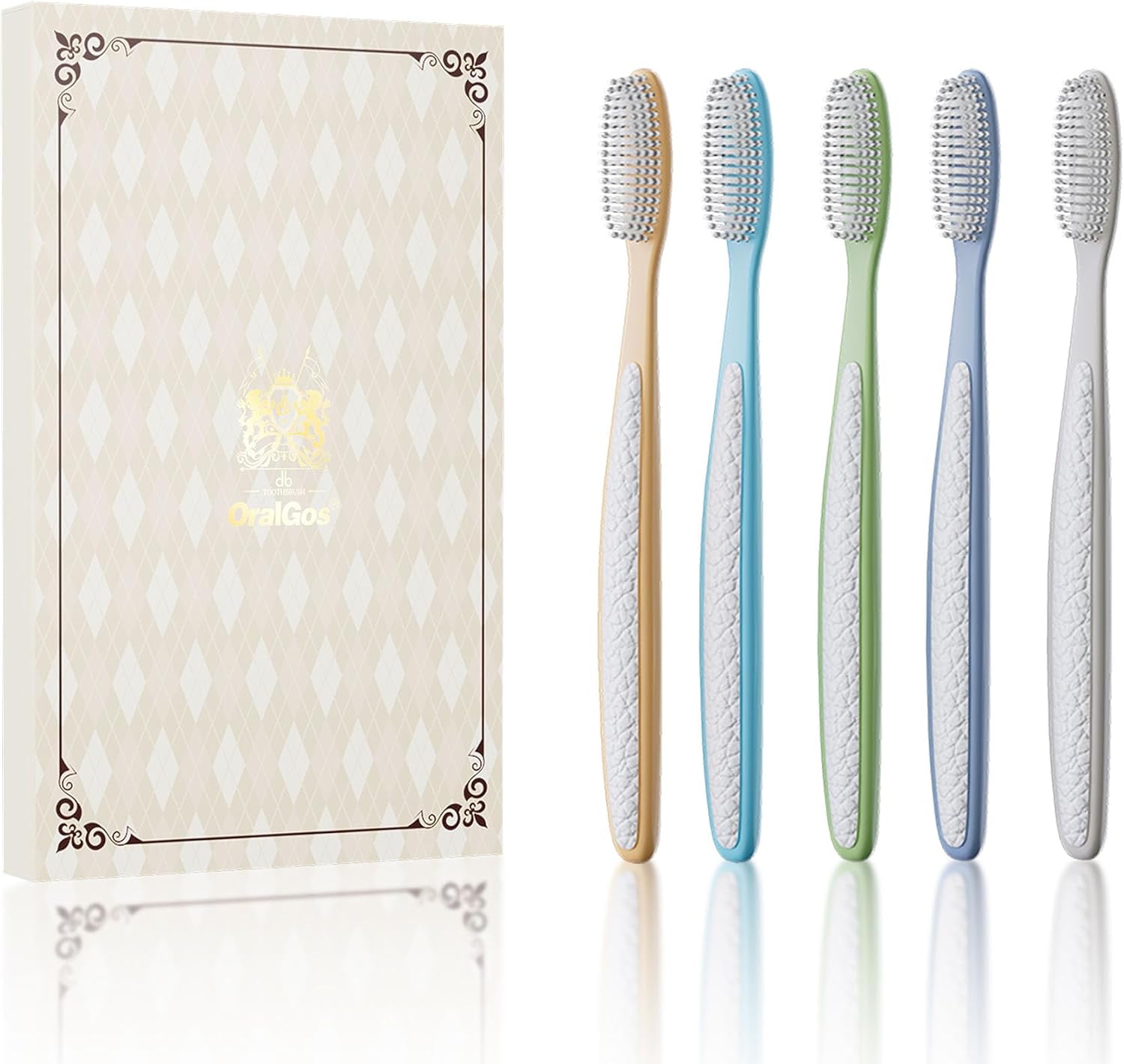 OralGos Escova de Dentes Profissional de Cerdas Macias, Kit com 5 unidades, Cabeça Larga, para Gengivas Sensíveis, Limpeza Profunda, Portátil para Casa e Viagem, Cabo Antiderrapante de Couro