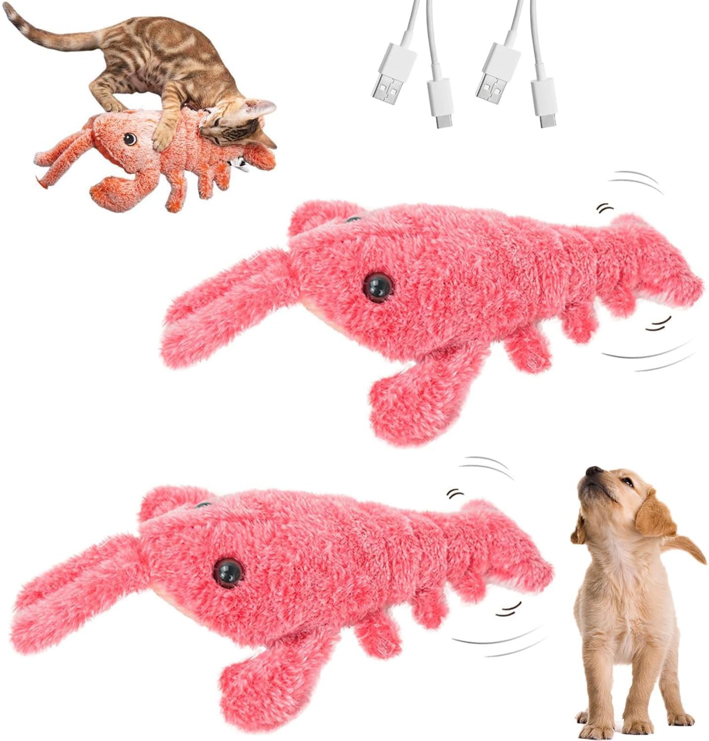 Gahwa Cute Interactive Dog Toy, Floppy Lobster Funny Interactive Cat Dog Plush Toys USB Rechargeable Jumping Moving Dog Toys Pet Puppy Chew Toys (Pink-2PCS)