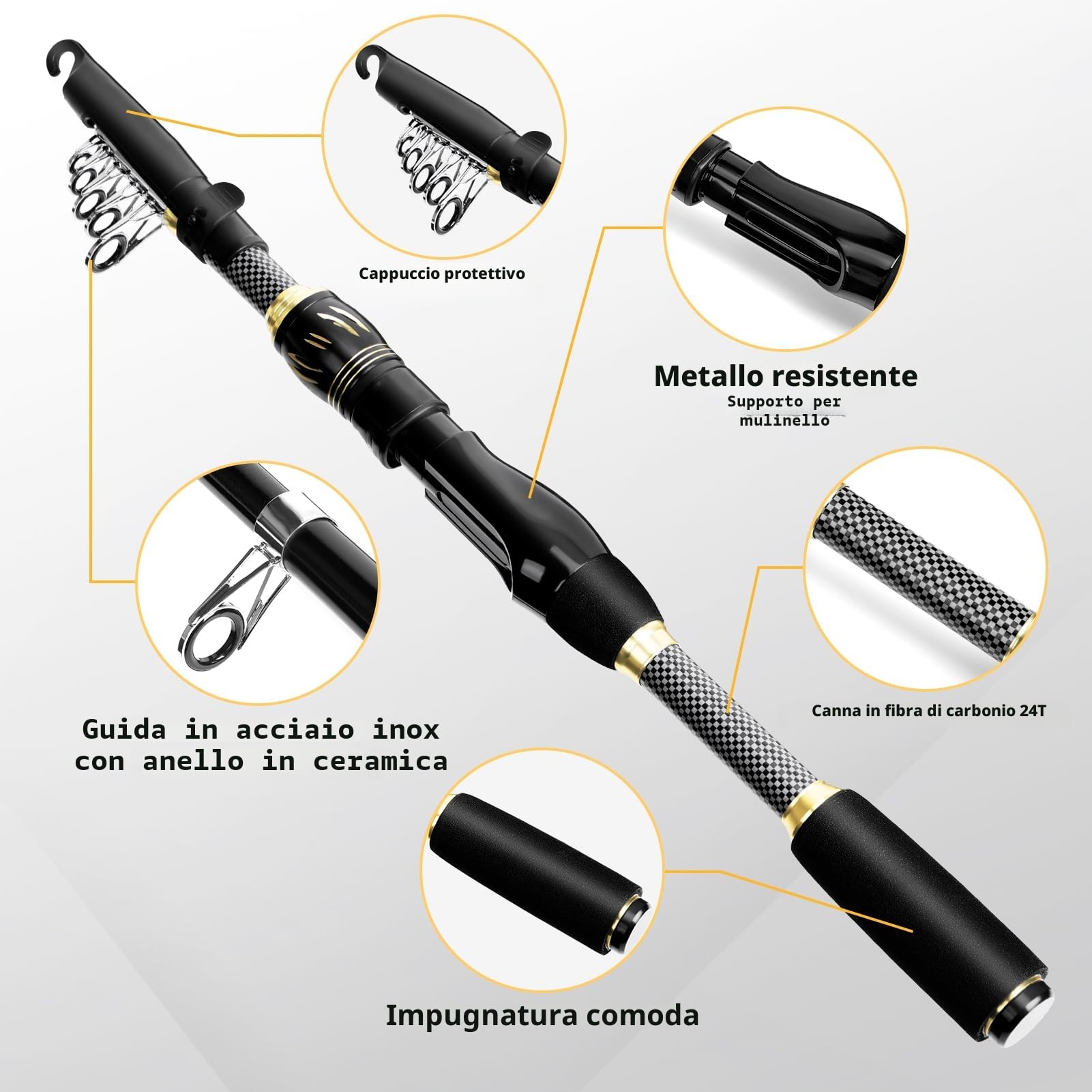 Ertisa Canna da Pesca Spinning, 2.1m Fibra di Carbonio Canne Pesca Telescopica Set Combinato Canna da Spinning e Mulinello da Pesca Esche da Pesca Kit Borsa da Trasporto Per Mare e Acqua Dolce Viaggio
