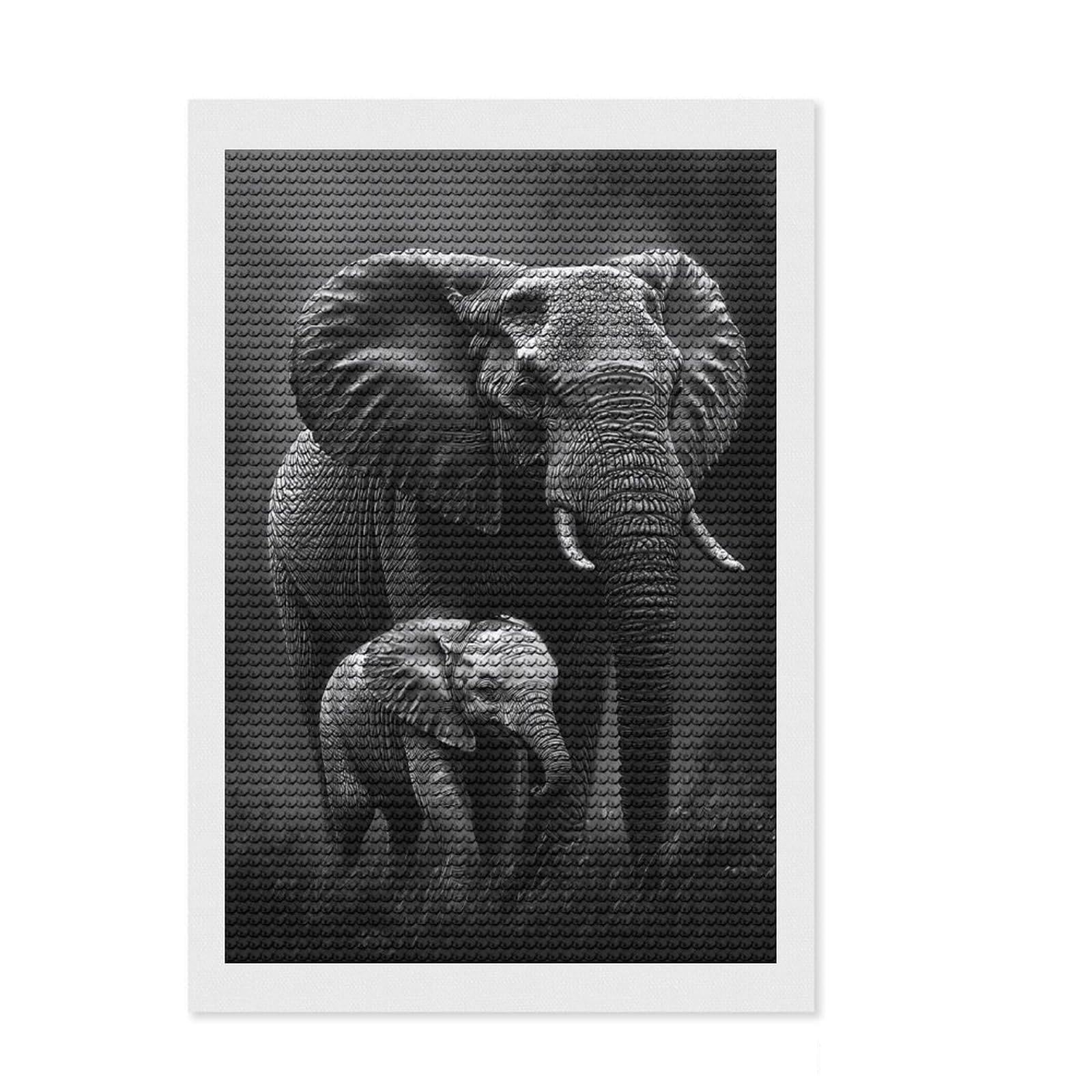 Junmoney Elephant Family Portrait Diamond Art Kit 8"x12", Neat Printed Canvas, Easy to Follow Symbols, Easy Handmade Project, Living Room Decor