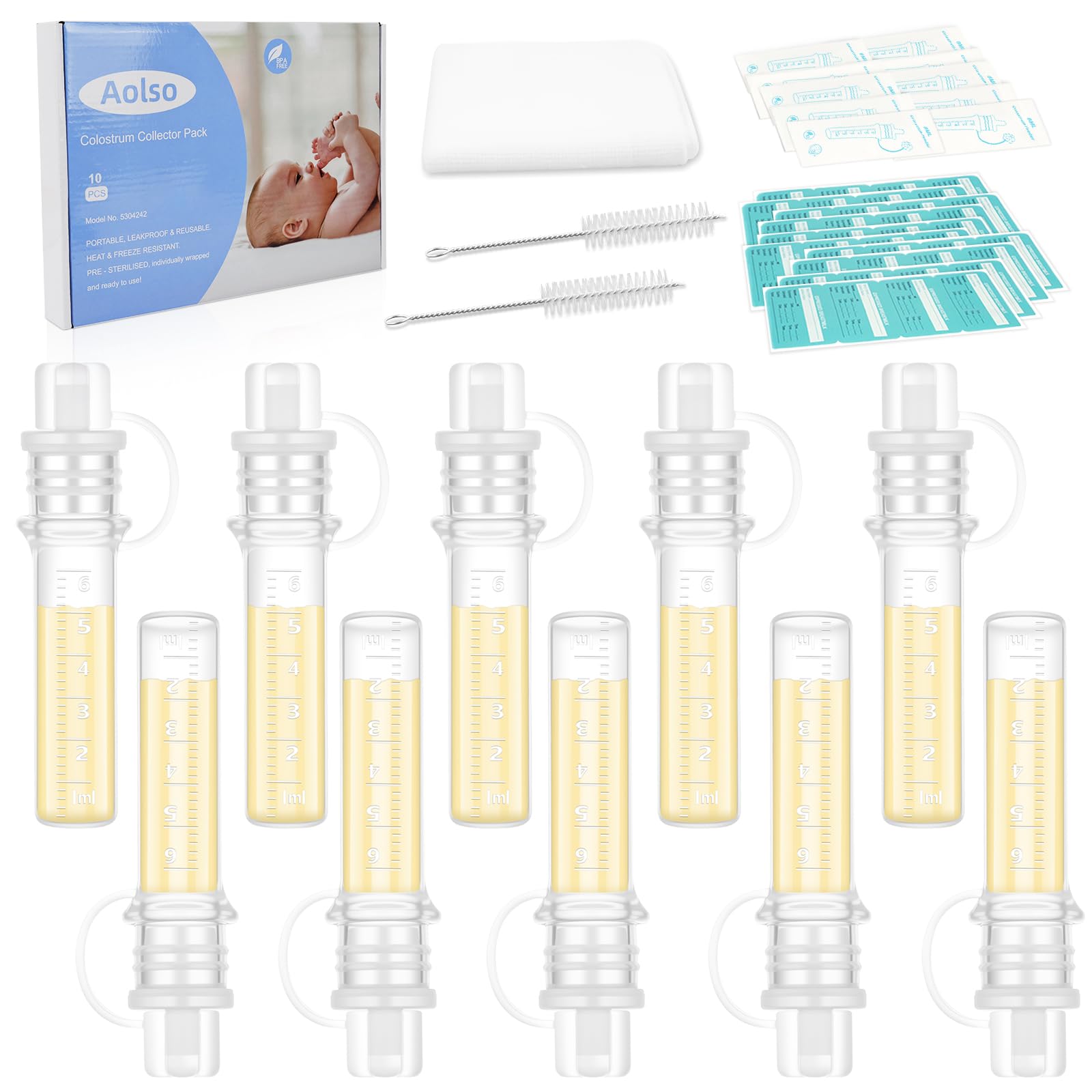Aolso Colostrum Collector Kit,6ml/10pcs Silicone Breast Milk Collector,Reusable Colostrum Harvesting Kit with Cotton Cloth Wipe