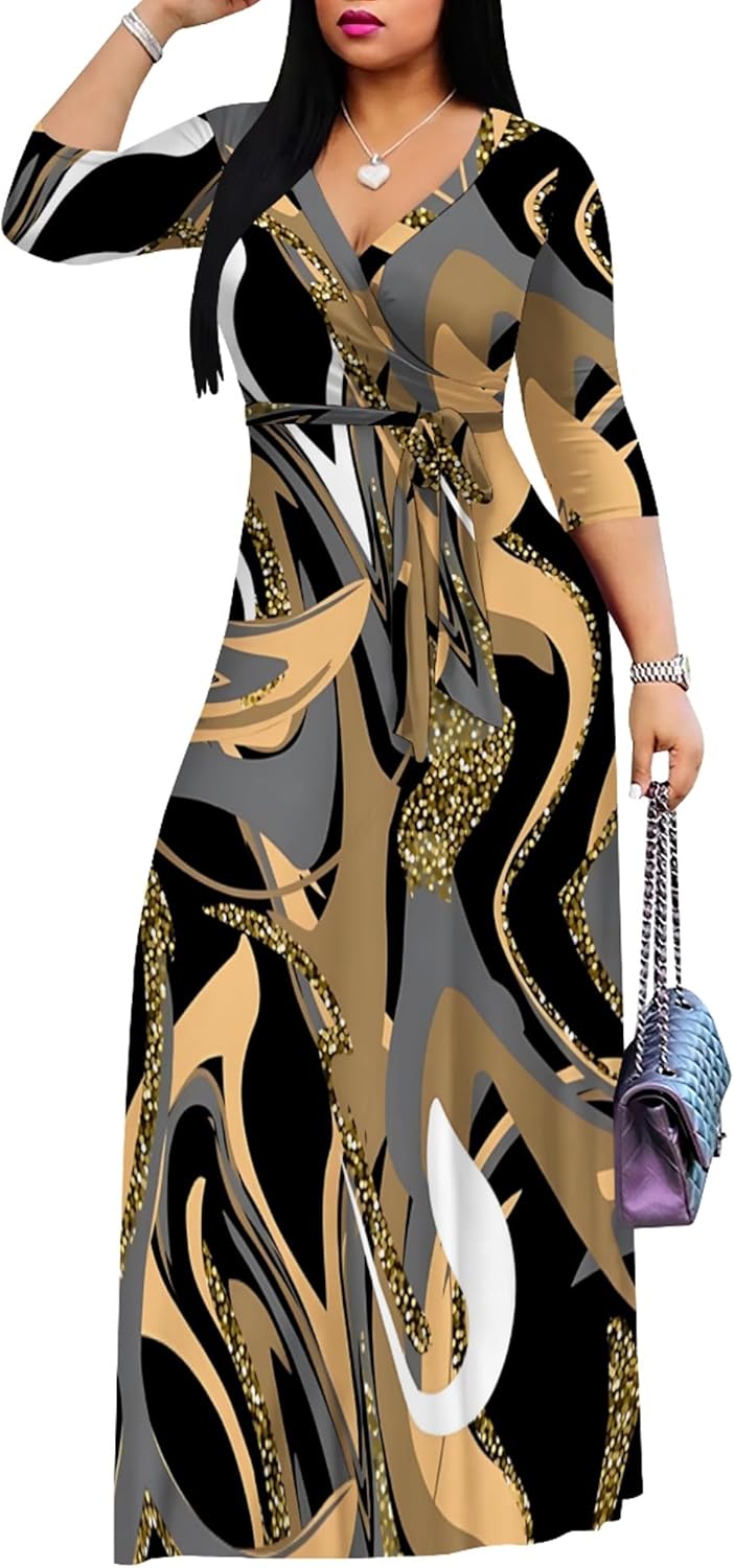 Women's Print Maxi Dresses 3/4 Sleeves Flowy Long Dress V Neck Wrap Tie Waist Sundress(Colorful24 3XL) - Image 2