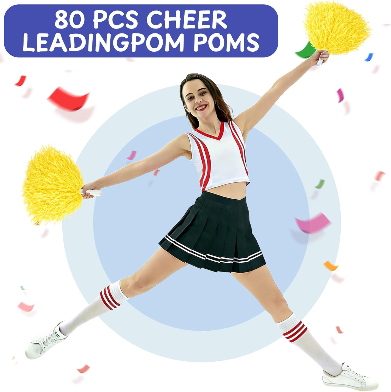 80PCS Pom Poms Cheerleading Sports Dance Spirit Plastic Cheer Pompoms with Handles Cheer Pom Poms Cheerleader Stuff for Cheering Squad Team Spirited Sports Game Dance Party
