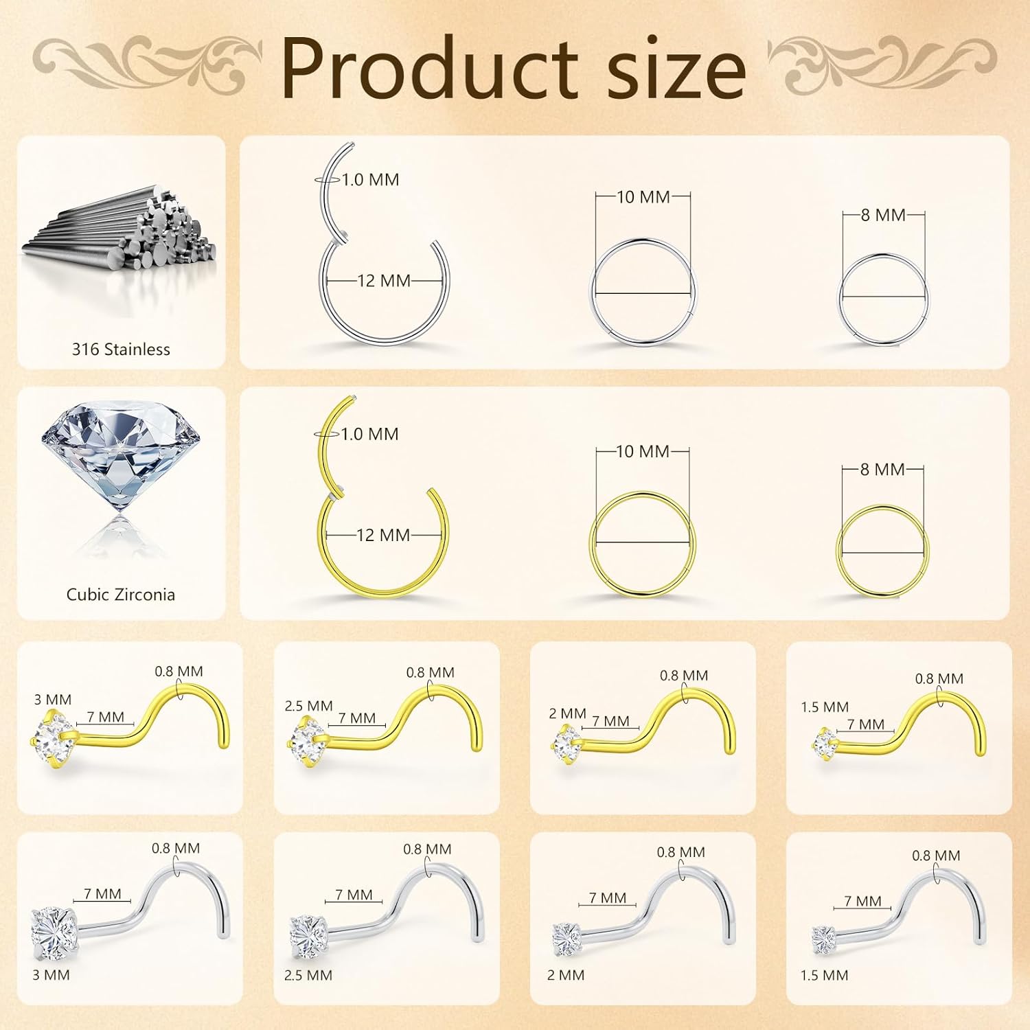 18g Gold Nose Rings and 20g Nose Studs Sets for Women Men, Hypoallergenic 316L Surgical Stainless Steel Corkscrew Nose Studs with 1.5/2/2.5/3mm CZ Piercings Jewelry 14Pcs (Gold & Silver) - Image 3