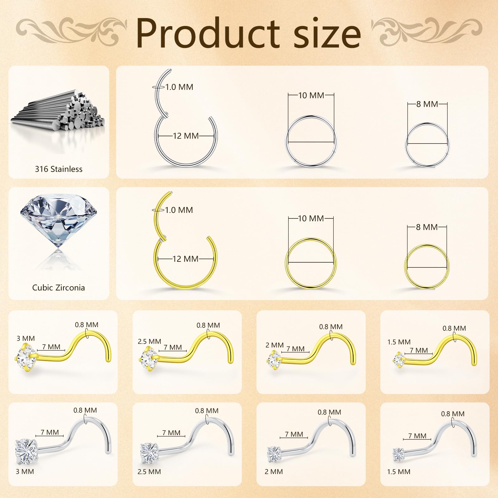 Juego de aros de nariz dorados de 18 g y aretes de nariz de 20 g para mujeres y hombres, hipoalergénicos, de acero inoxidable quirúrgico 316L, sacacorchos para la nariz, tornillo de nariz de