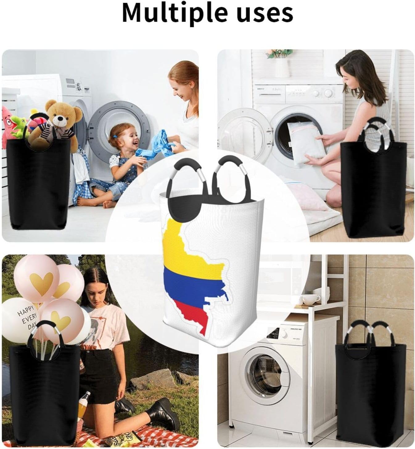 Colombia Flag Map Print Laundry Hamper With Handle, Large Laundry Bags Collapsible Dirty Clothes Basket For Bathroom