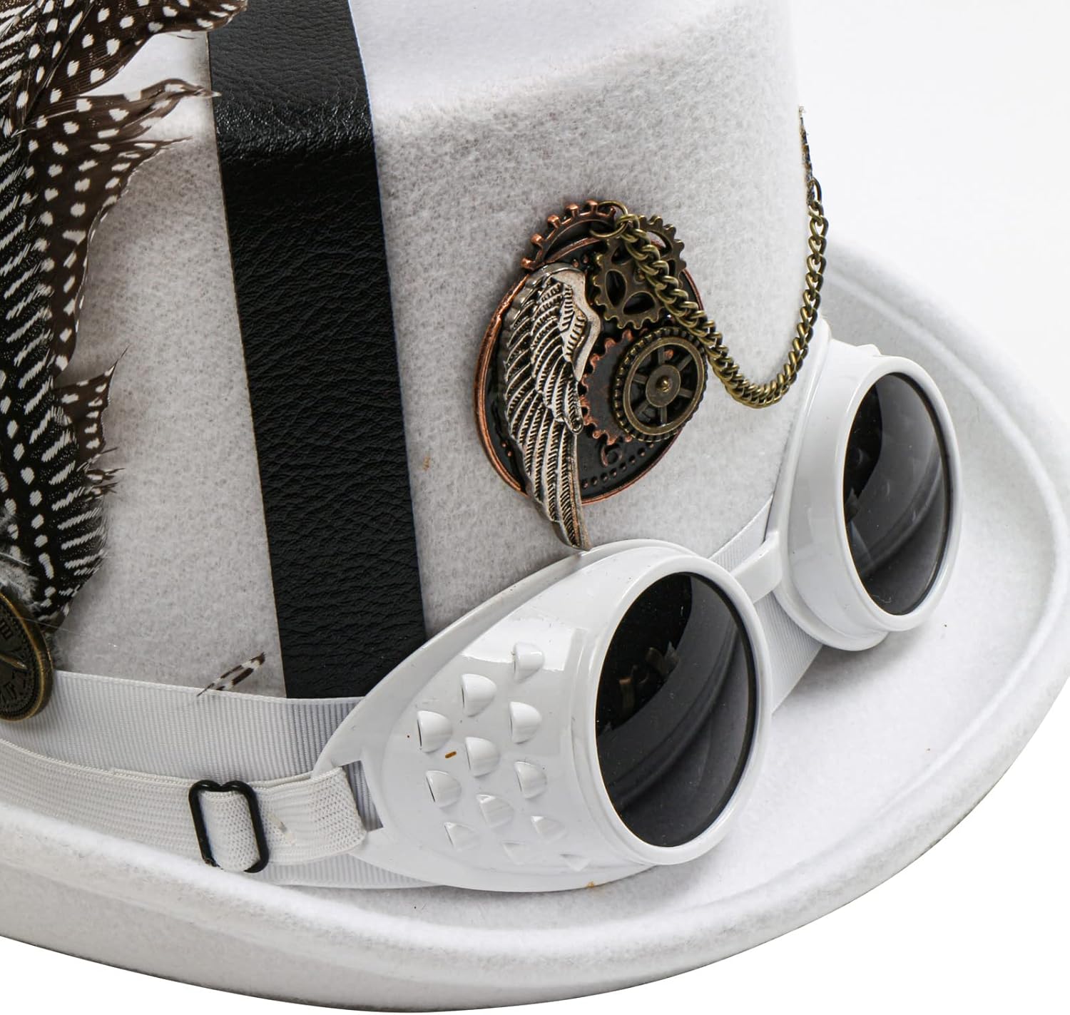 Unisex Deluxe Steampunk Hat Costume Headwear, Prom Ball Top Hat Headdress Gothic Steampunk Style Fashion Scientist Time Traveler Burning Man, EDC Party, Halloween Cosplay Top Hat Feather Goggles - White