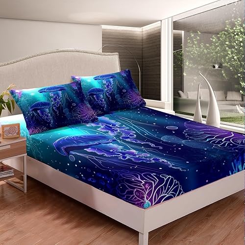 Miniatura 3 de Juego de sábanas bajeras con diseño de vida marina azul y morado, diseño de vida marina, bolsillos profundos, diseño de medusas y coral, con 1 funda