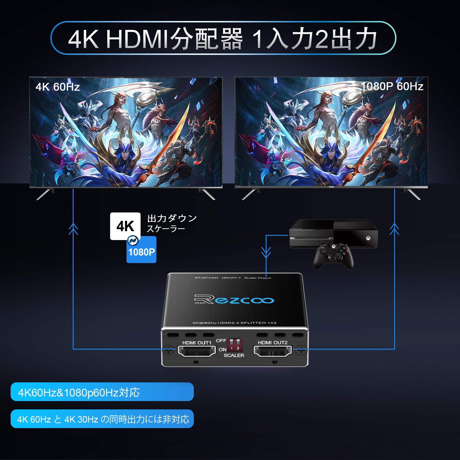 Amazon.co.jp: EZCOO HDMI分配器 1入力2出力 4K@60Hz HDR HDCP2.2